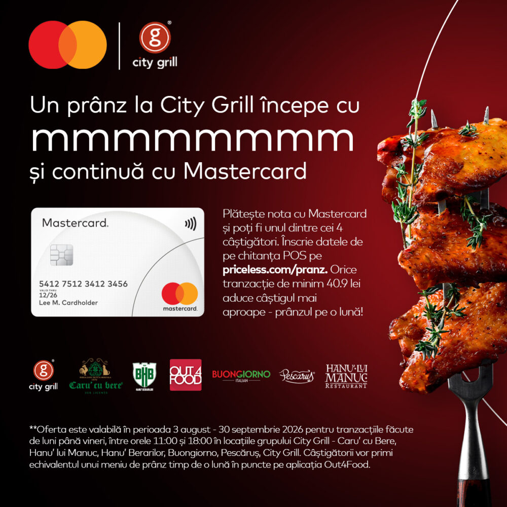 Promo banner for City Grill with a Mastercard card image and skewered grilled chicken on a dark red gradient background, promoting a lunch deal in Romanian.