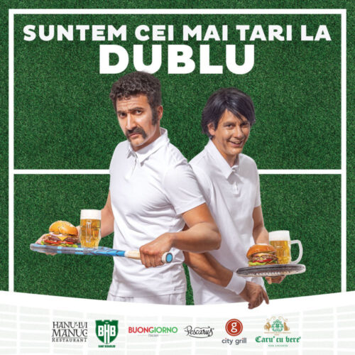 Two men in white shirts back-to-back on a green court, each with a tray of burgers and beer, promoting the slogan 'SUNTEM CEI MAI TARI LA DUBLU'.
