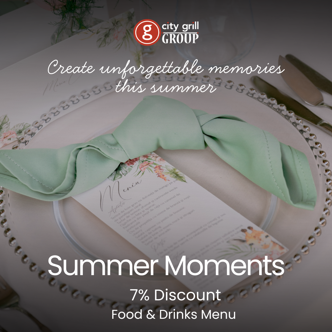 Promotional hero for City Grill Group: 'Summer Moments' with a 7% discount on Food & Drinks Menu, shown on a plated table with a mint napkin and menu card.
