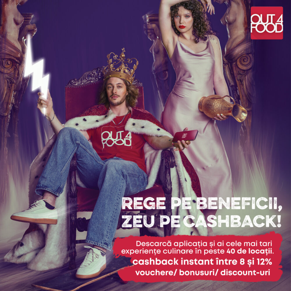 A crowned man sits on a throne holding a glowing lightning bolt and a red phone, with a woman in a pink satin dress standing beside him and a gold horn in her hand; Out4Food logo in the corner and Romanian promo text overlaid.